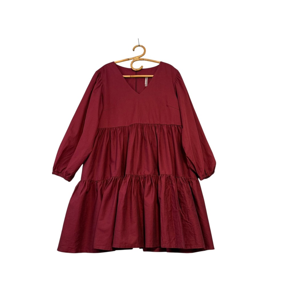 Emma Knudsen | Frankie Burgundy Tiered Babydoll V-Neck Long Sleeve Dress Size 2X - Picture 2 of 13